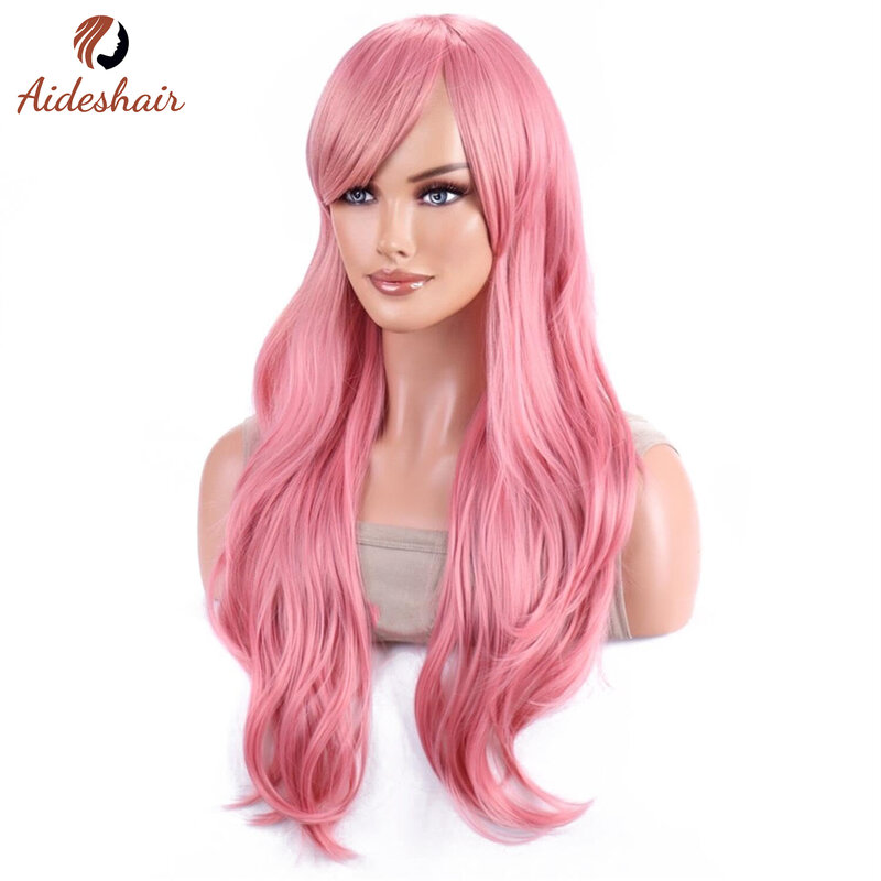 Aideshair-Peluca de pelo largo y ondulado para mujer, cabellera rizada de 28 "y 70cm, resistente al calor, Cosplay con gorro gratis