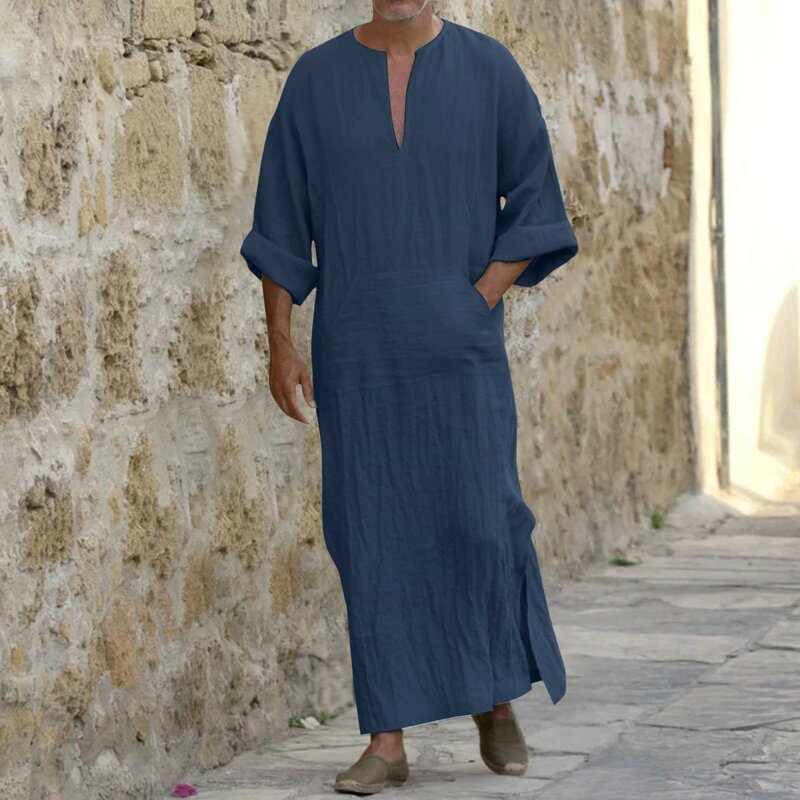 Męski muzułmańska szata dekolt w serek casualowe kieszenie luźny długi rękaw Vintage arabski etniczny strój islamski męski islamska odzież Abaya