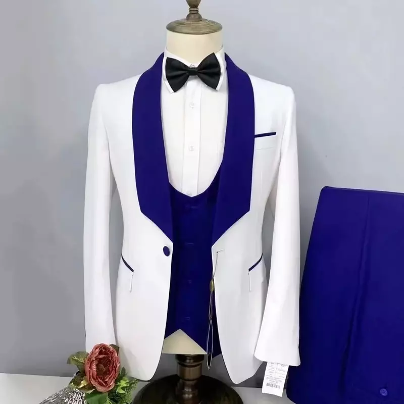 Jas pernikahan pria putih Blazer selendang biru Royal kerah jas Single Breasted jaket celana rompi tiga potong kostum Homme setelan Slim Fit