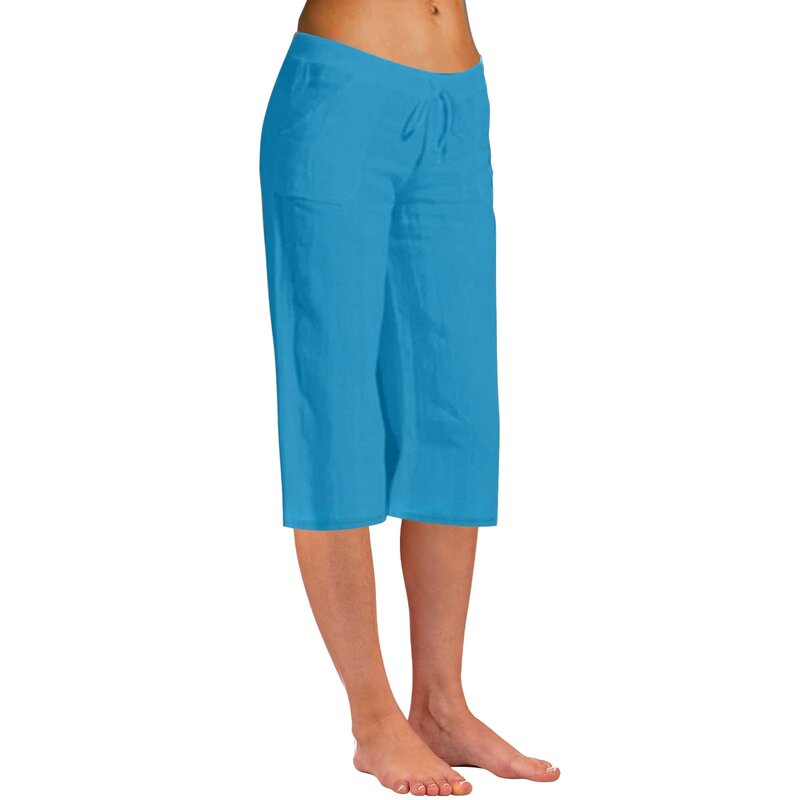 Cotton Linen Capris Women Solid Color Crop Trousers Summer Fashion Elastic Waist Long Pants Beach Leisure Trousers Female Pants