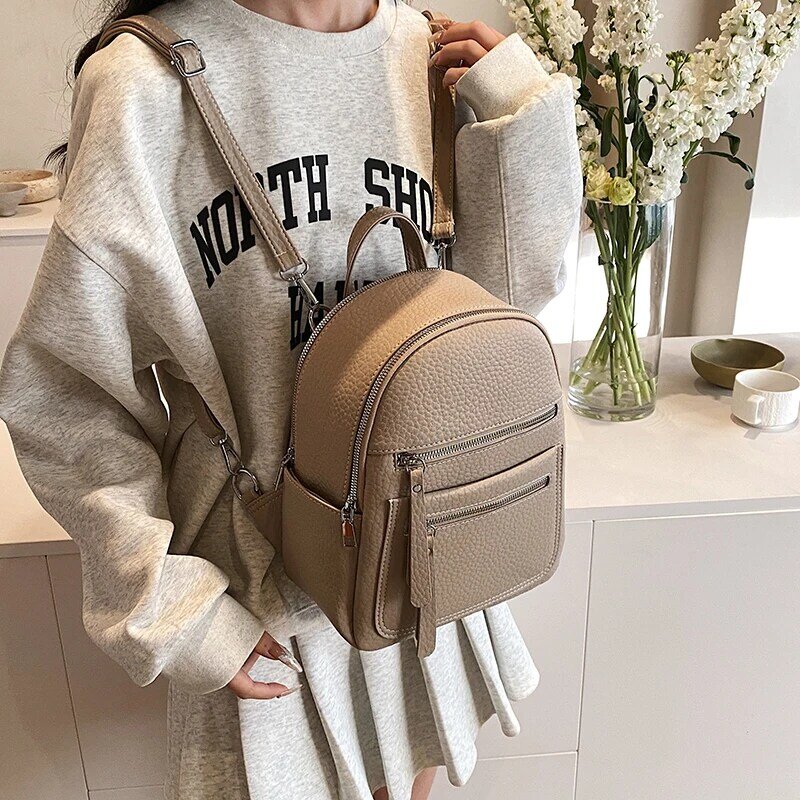حقيبة ظهر جلدية للنساء ، حقيبة ظهر للسفر ، حقيبة مدرسية لطيفة ، صغيرة ، أحادية اللون ، أزياء كورية ، تصميم ، Y2K ،