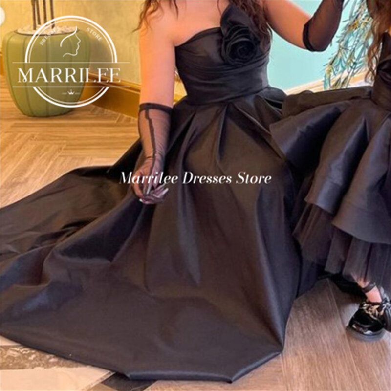 Marrilee Elegant Black 3D Flower Strapless Stain Evening Dress A-Line Sleeveless Floor Length CocktailFormal Occasion Gowns 2024