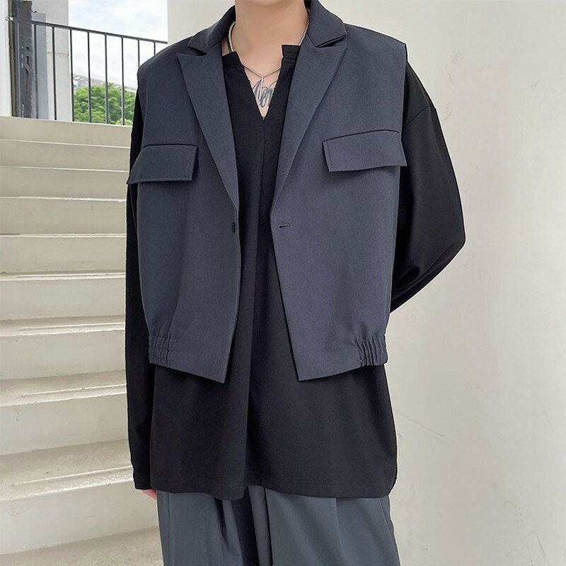 Fato de colete curto Kpop masculino, jaqueta sem mangas, botão único, regata, estilo coreano, colete extragrande, roupa Hip Hop, colarinho