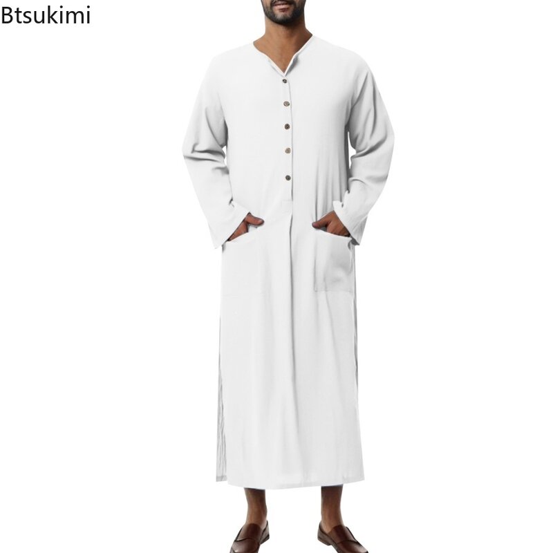 New2024 Männer muslimische Mode Roben ethnischen Henry Kragen Langarm Button Down lässig einfarbig islamisch arabisch Dubai Jubba Thobe