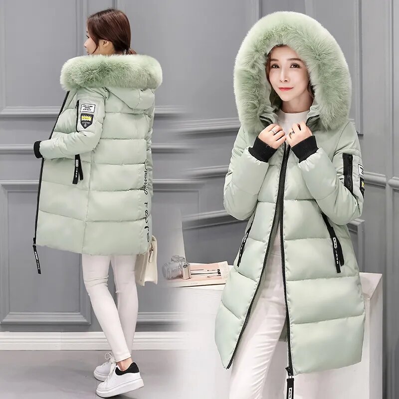 Jaket bantalan katun mode musim dingin baru mantel kerah bulu besar wanita mantel isi kapas tipis dan tipis di bagian panjang mantel