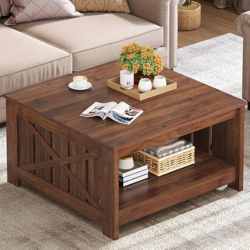 Coffee Table Farmhouse Coffee Table with Storage Rustic Wood Cocktail Table,Square Coffee Table for Living Meeting Room