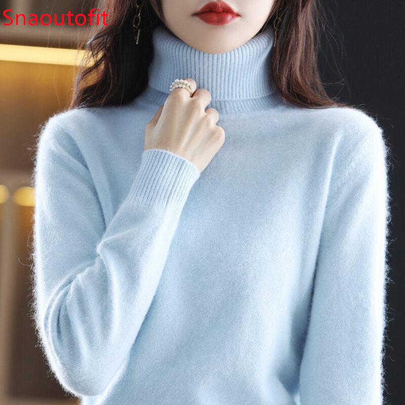 2023 가을 겨울 신제품 100% 밍크 캐시미어 스웨터, 여성용 하이 라펠 니트 풀오버, 넉넉한 기본 두꺼운 따뜻한 상의