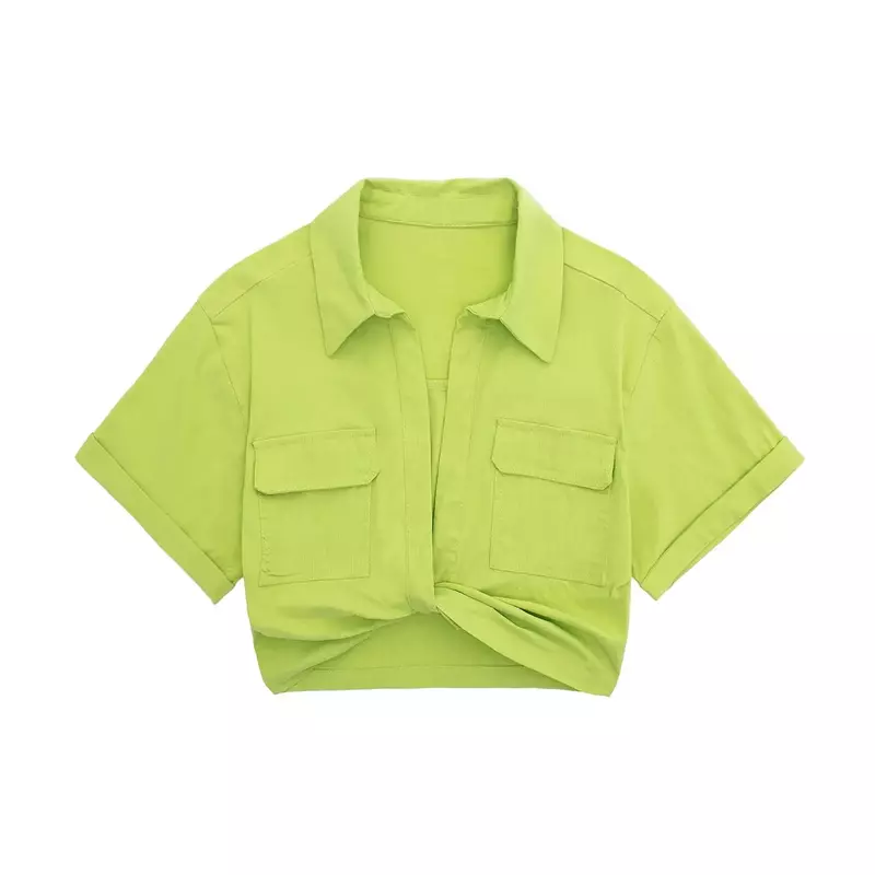Blusa curta com bolsos para mulheres, estilo quimono, blusa de linho e linho, chique, ls1376, novo verão 2023