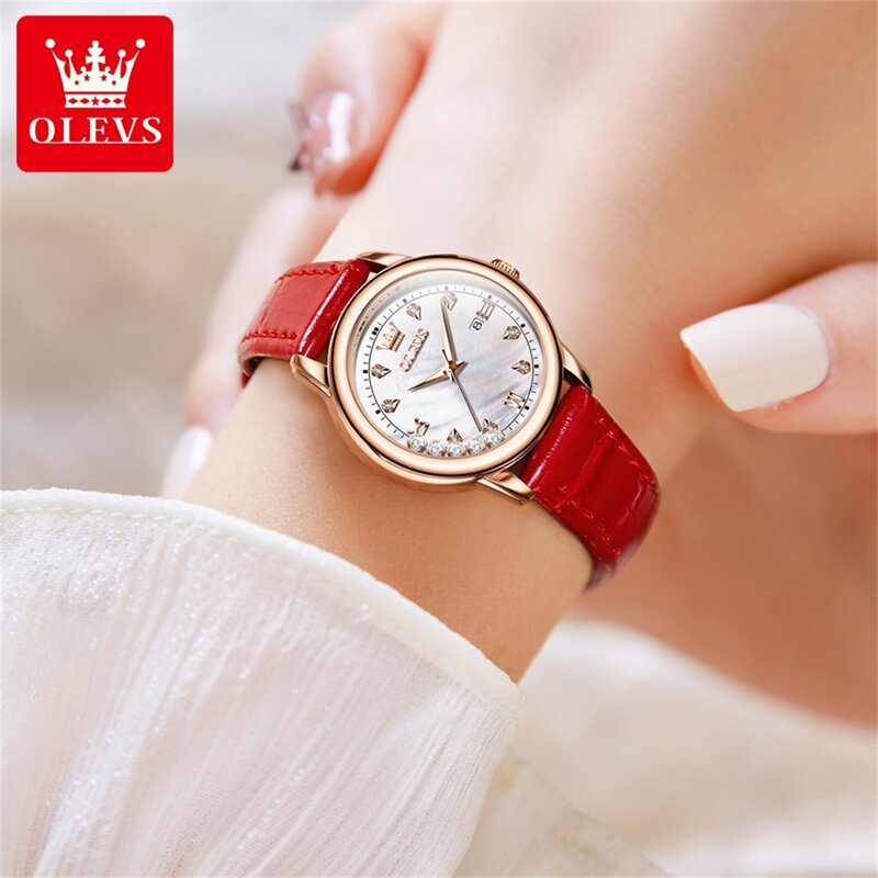 OLEVS 브랜드 2024 럭셔리 다이아몬드 쿼츠 시계 여성용, 가죽 스트랩, 방수 야광 손 달력 패션
