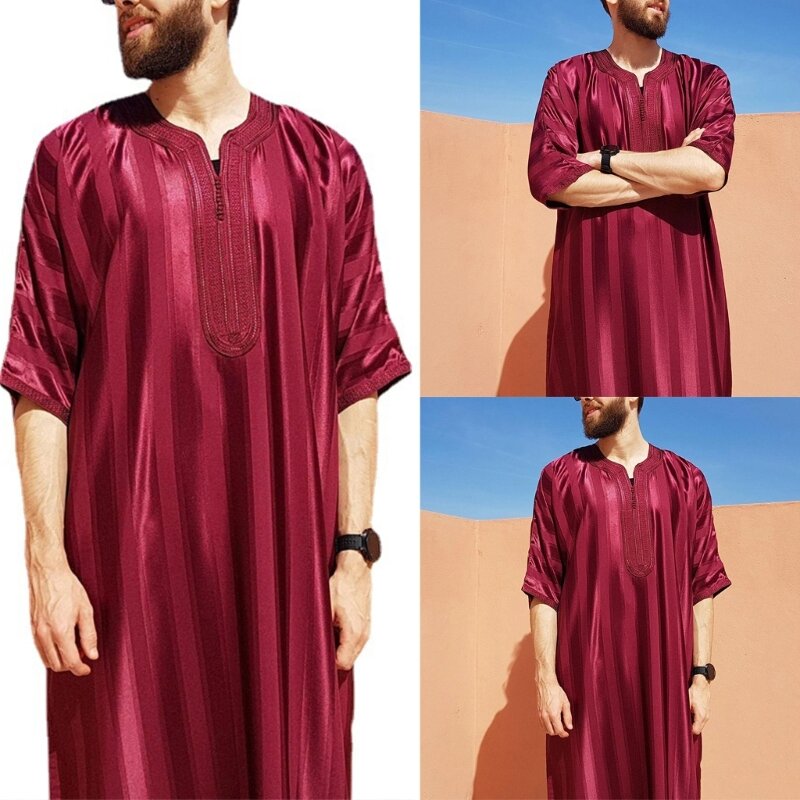 Caftán árabe medio de cuello redondo para hombre, Túnica musulmana de manga larga, Ropa Étnica 41QC