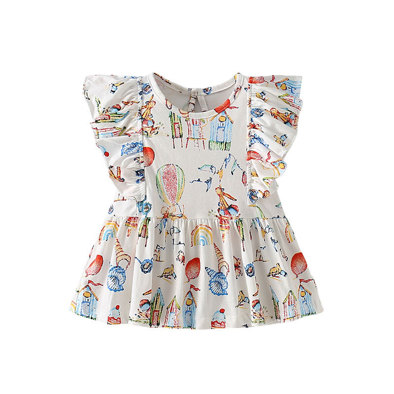 Kaus anak perempuan motif hewan pakaian anak-anak 2-7t Jumping meter atasan kaus balita musim panas cantik modis