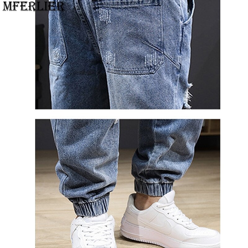 Przytrzymaj porwane jeansy Plus rozmiar 8XL spodnie dżinsowe męska moda na co dzień elastyczna talia dżinsy joggery męski spodnie o jednolitym kolorze duży rozmiar 8XL