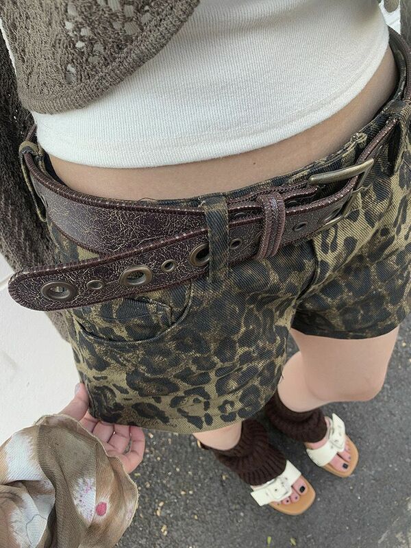 HOUZHOU-pantalones cortos de mezclilla con estampado de leopardo para mujer, ropa de calle Vintage Y2k de cintura baja, Gyaru, Chic, Retro, verano 2024