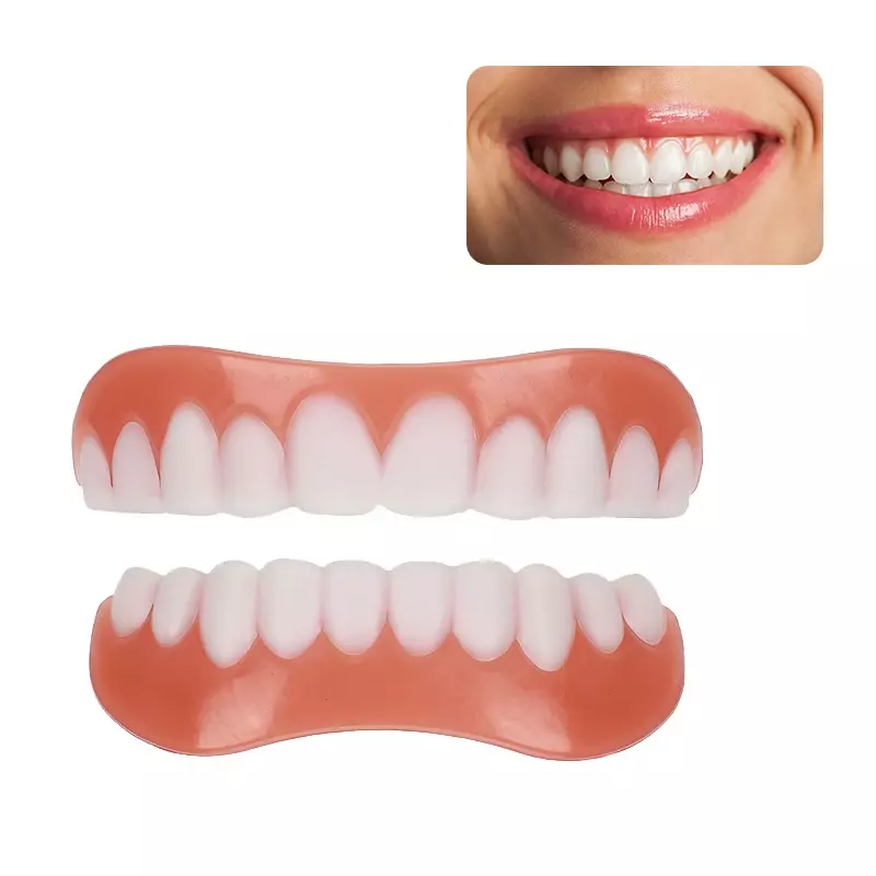 Uśmiech zęby fałszywe szelki dolna i górna fałszywe zęby fornir żel krzemionkowy sztuczne zęby zdejmowana proteza pielęgnacja jamy ustnej stomatologia fornir