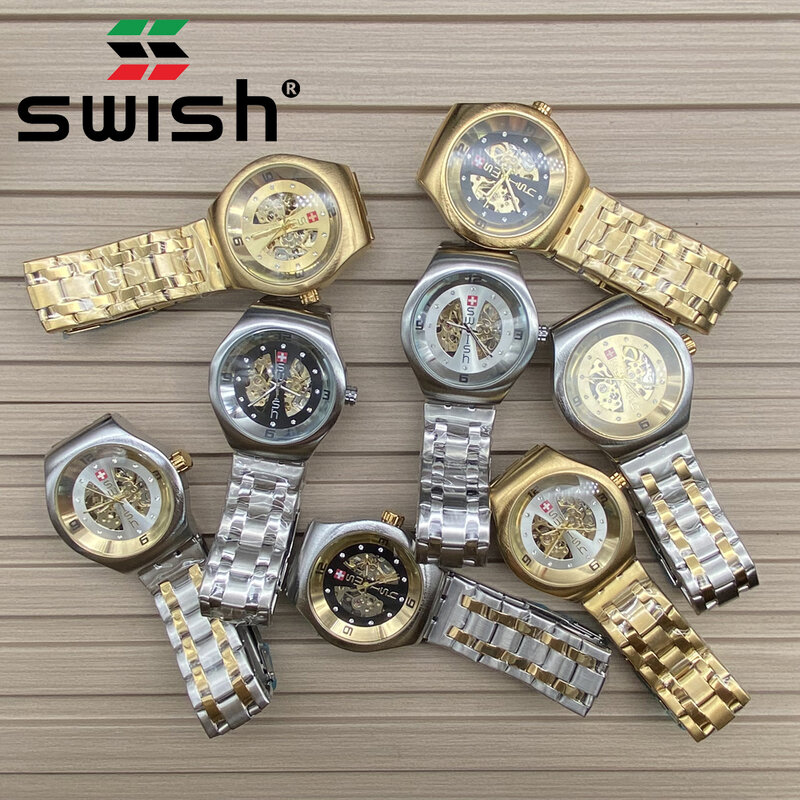 Swish men's skeleton watch, aço inoxidável, impermeável, transparente, mecânica, esportes, marca de luxo