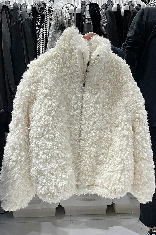 Optics-Manteau en laine à manches longues pour femme, fausse fourrure, veste chaude, vêtements d'extérieur en fourrure, haut chic pour femme, garde au chaud, doux, automne, hiver