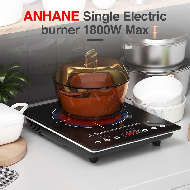 Placa de cocción infrarroja de 1800W, superficie de cristal negro, ajuste de 4 horas, Compatible con todos los utensilios de cocina