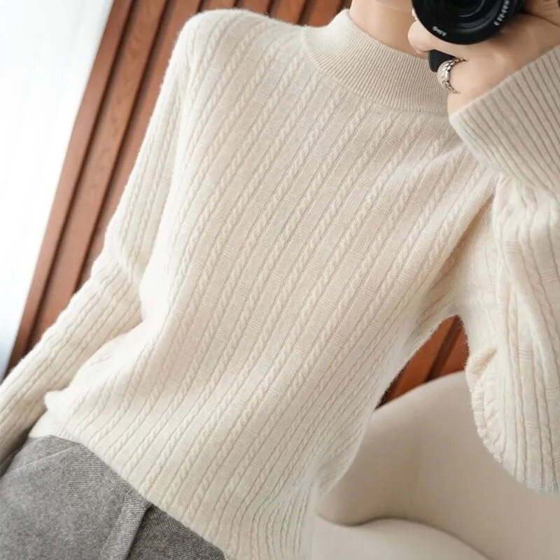 Женский кашемировый свитер, узкие Мягкие вязаные джемперы, пуловеры с воротником-хомутом, однотонные футболки, полуводолазка