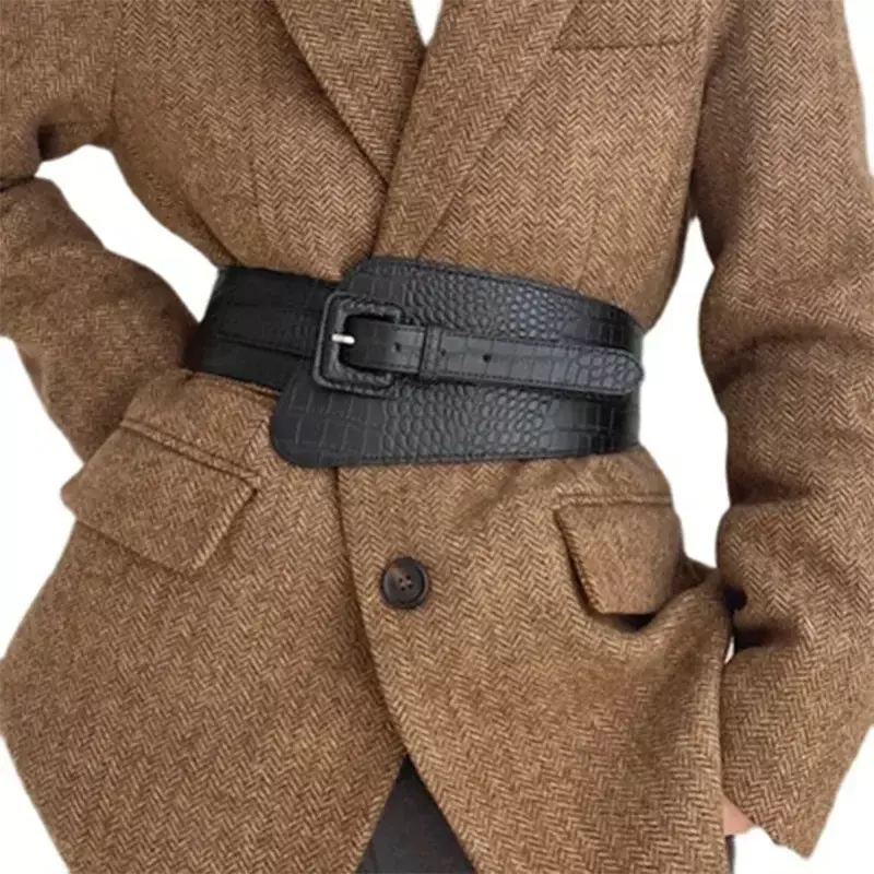 Cinturón ancho de cuero PU con patrón de cocodrilo para mujer, abrigo, vestido, accesorios de corsé, fajas de diseñador de lujo para mujer 2023