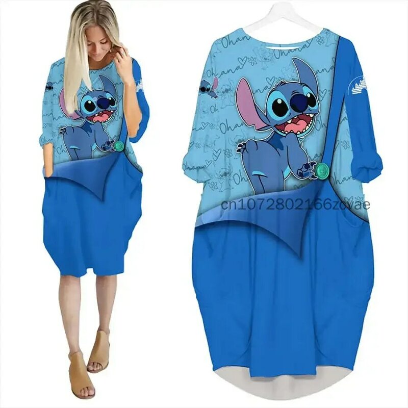 Disney Stitch-Vestido de manga larga con bolsillo de murciélago para mujer, camisón de gran tamaño, estampado 3D, moda urbana, nuevo