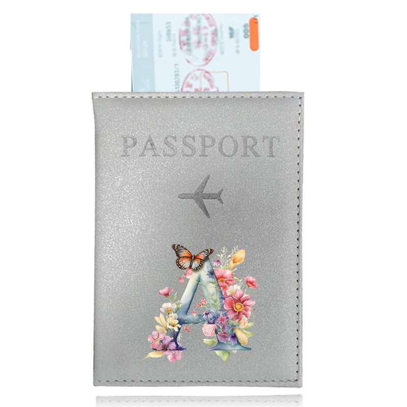 Sarung paspor PU warna perak sarung paspor penutup paspor kupu-kupu huruf seri penutup tempat kartu kredit ID Aksesori Perjalanan