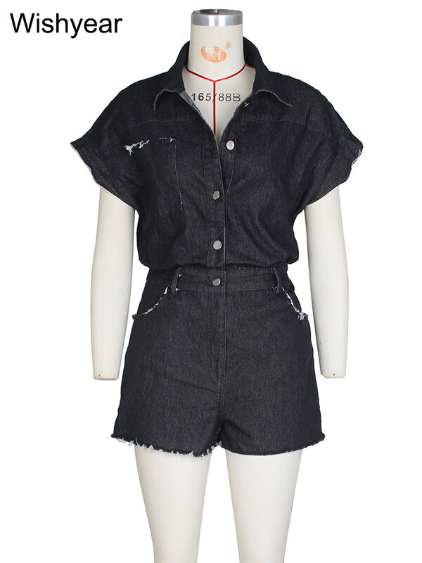 Fashion Black Stretch Denim Playsuit Women Shorts Jean Jumpsuits Button Up Slim One Piece Rompers Summer Streetwear Overalls