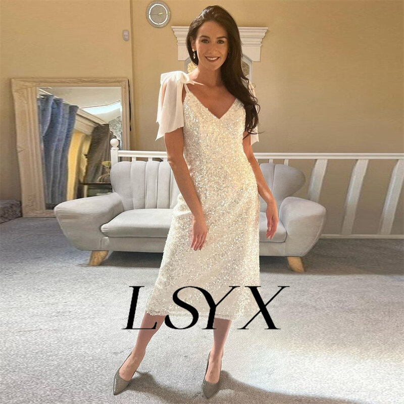 LSYX błyszcząca bez rękawów z dekoltem w szpic z cekinami suknia ślubna dla kobiet bez pleców średniej długości suknia ślubna wykonana na zamówienie