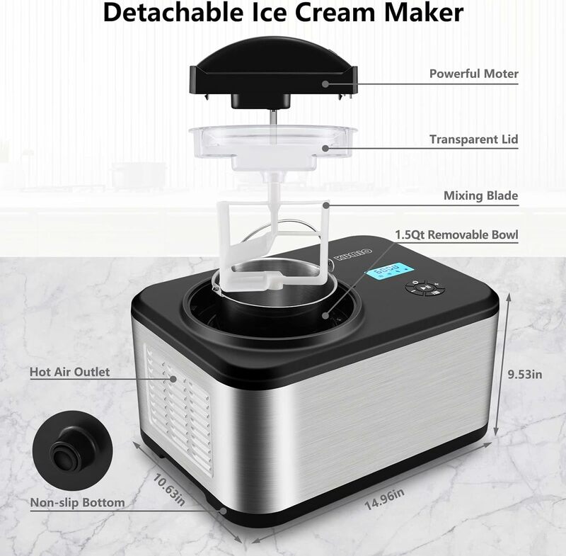 Pembuat es krim 1.6 Quart dengan kompresor, tanpa pembeku, 4 Mode mesin pembuat es krim dengan layar LCD, Timer,