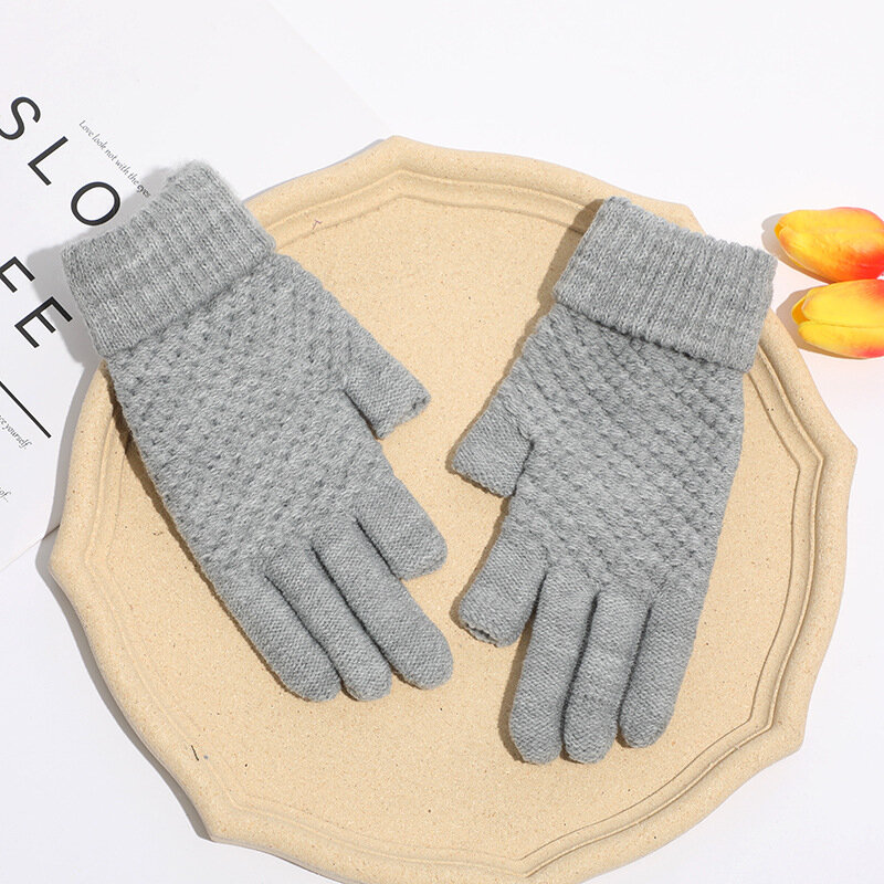 New Knitted Gloves Women Men Winter Outdoor Riding Writing Plush Thicken Warm Dew Two Finger Touch Screen Mittens Christmas Gift