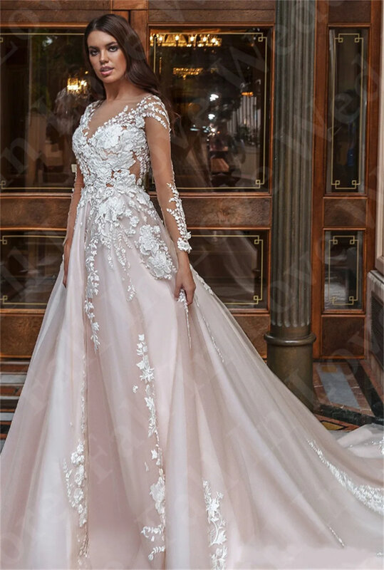 2024 Frauen Luxus Brautkleider V-Ausschnitt Illusion lange Ärmel 3d Blume A-Linie Prinzessin Ballkleid Brautkleid Vestido de Novia