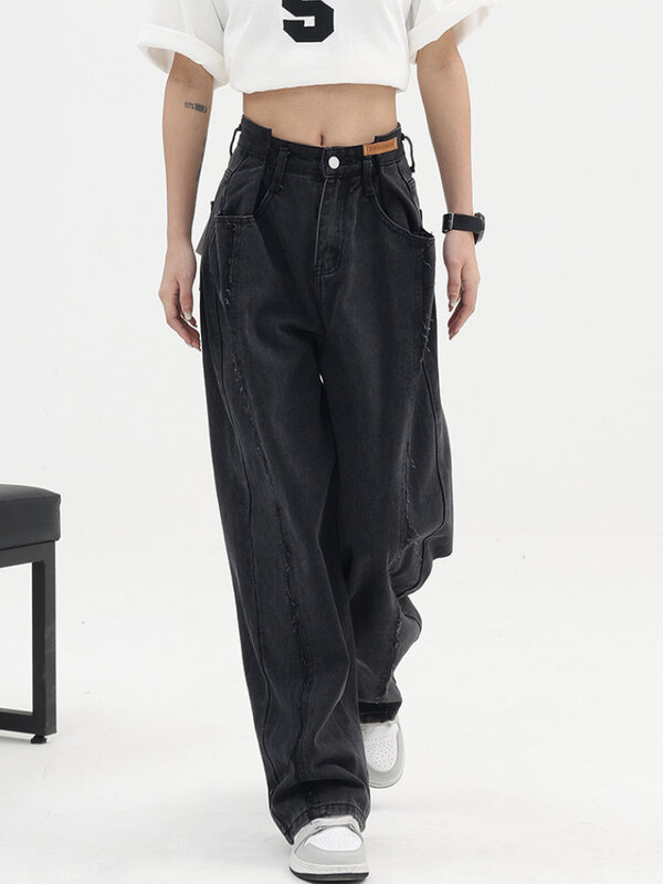 QWEEK Baggy Vintage Jeans Women Y2k High Waist Harajuku Black Trousers Streetwear Straight Casual Loose Denim Wide Leg Pants