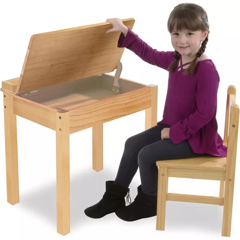 Mesa e cadeira de madeira para crianças, cor de mel