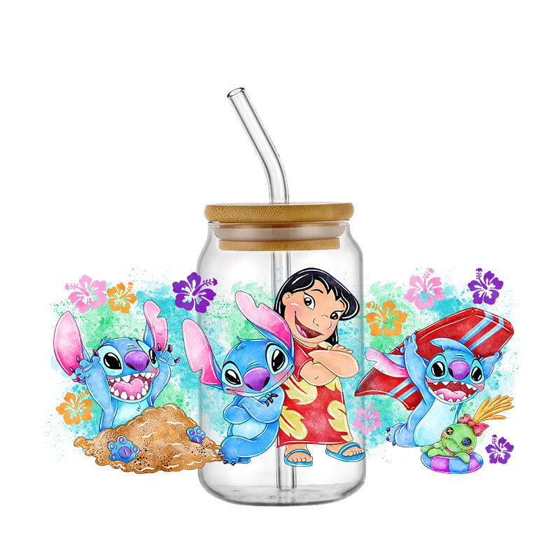 Disney-Lilo e Stitch Design Wrap Transfer Sticker, UV DTF Sticker para 16oz Cup, etiqueta personalizada, auto-adesivo, logotipo DIY
