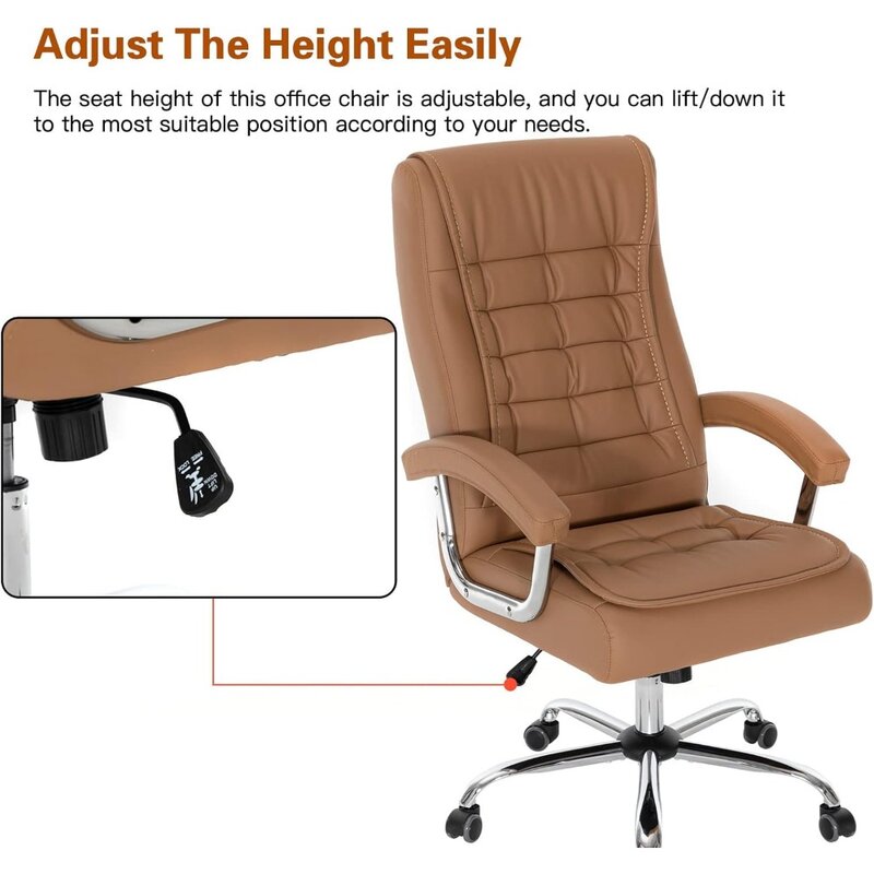 Silla de oficina ejecutiva de cuero ajustable, silla giratoria de espalda alta con reposabrazos acolchado, soporte de carga de 350 libras