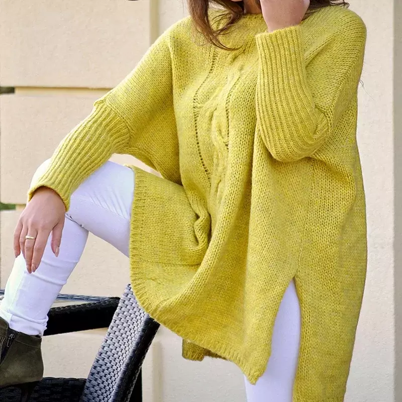 Sweater wanita, Sweater perempuan 2023, setengah panjang warna Solid gaya kabel longgar untuk perempuan
