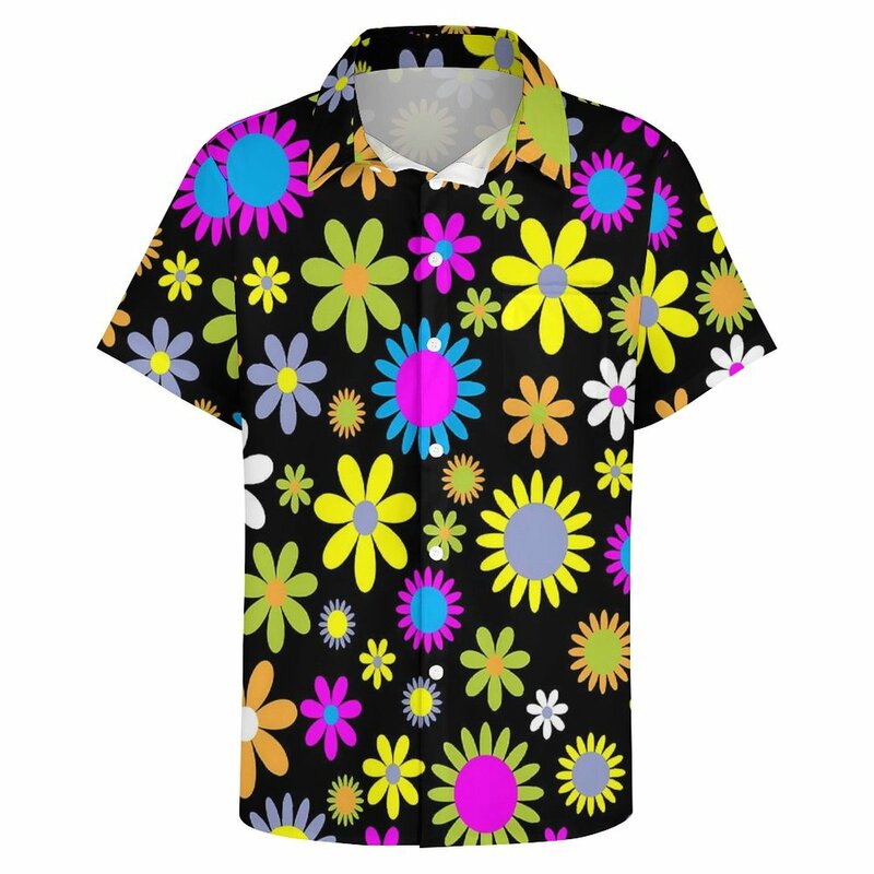 قميص رجالي بنقشة زهور ، قميص رجالي للعطلات ، زهور ملونة ، عصرية ، كاجوال ، هاواي بأكمام قصيرة ، بلوزات مضحكة كبيرة الحجم ، Y2K ، 60s