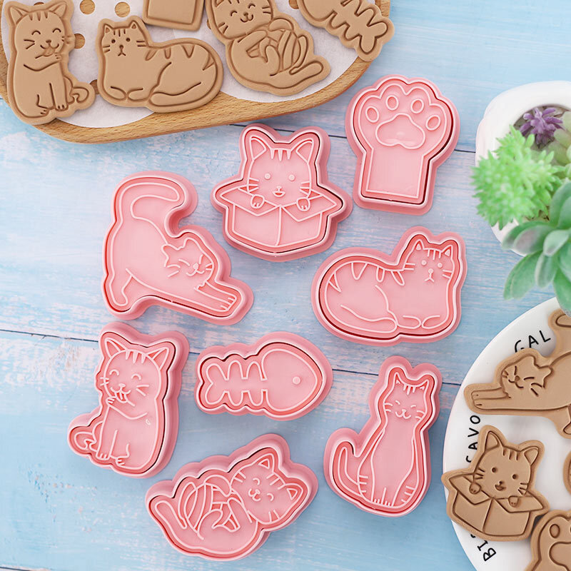 Cortador de galletas con forma de gato, molde de repostería para hornear galletas de Animal Run Kingdom, decoración de pasteles, 8 Uds./Set