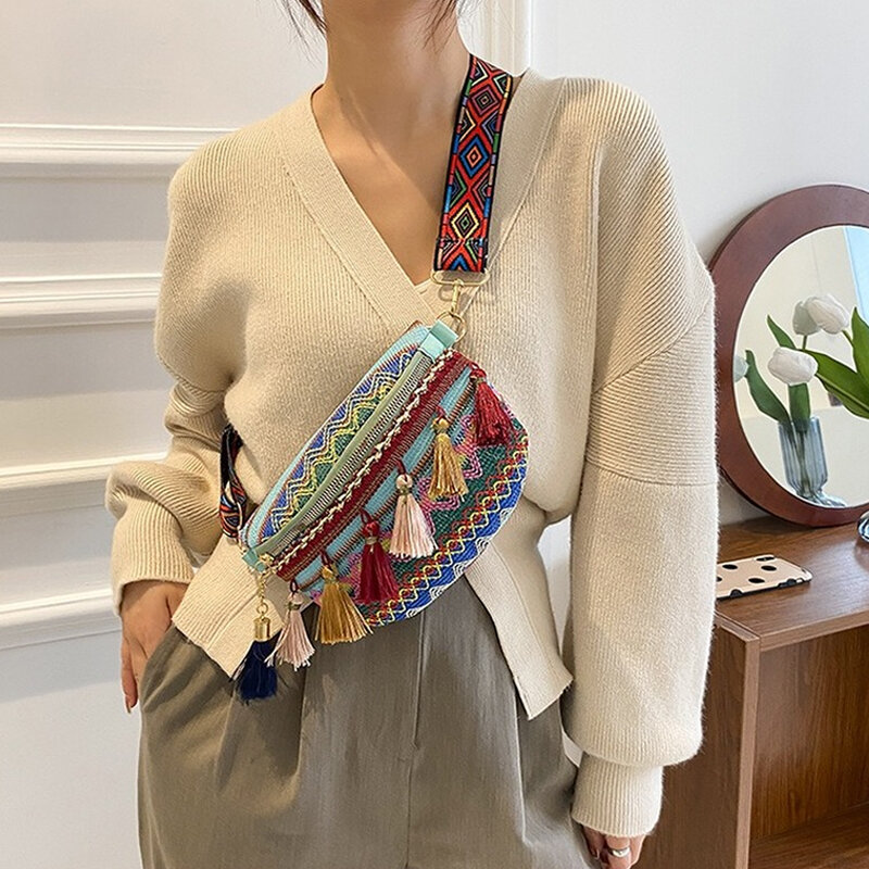 Women Folk Style Waist Bags with Adjustable Strap Variegated Color Fanny Pack with Fringe Decor Pochete Feminina Riñonera Belt