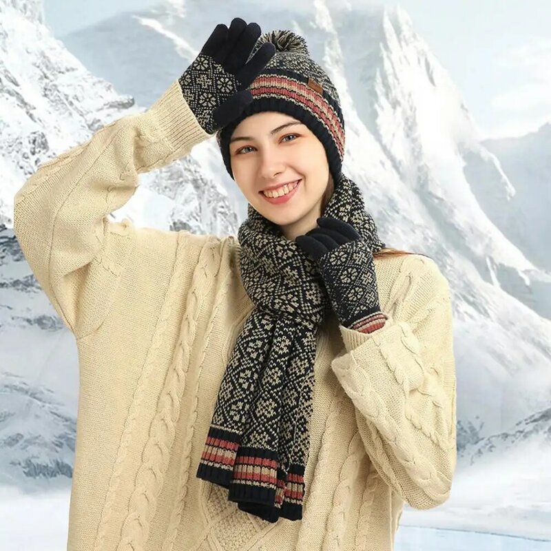 Vrouwen Winter Muts Muts Lange Sjaal Touchscreen Handschoenen Set Met Fleece Gevoerde Jacquard Warme Gebreide Muts Met Pluche Bal