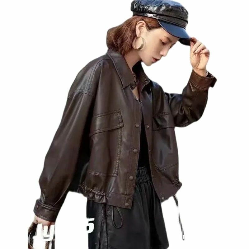 جديد ربيع 2022 سترة موضة النسخة الكورية فضفاضة قصيرة الإناث بولي Leather معطف من الجلد واحدة الصدر المرأة معطف من الجلد