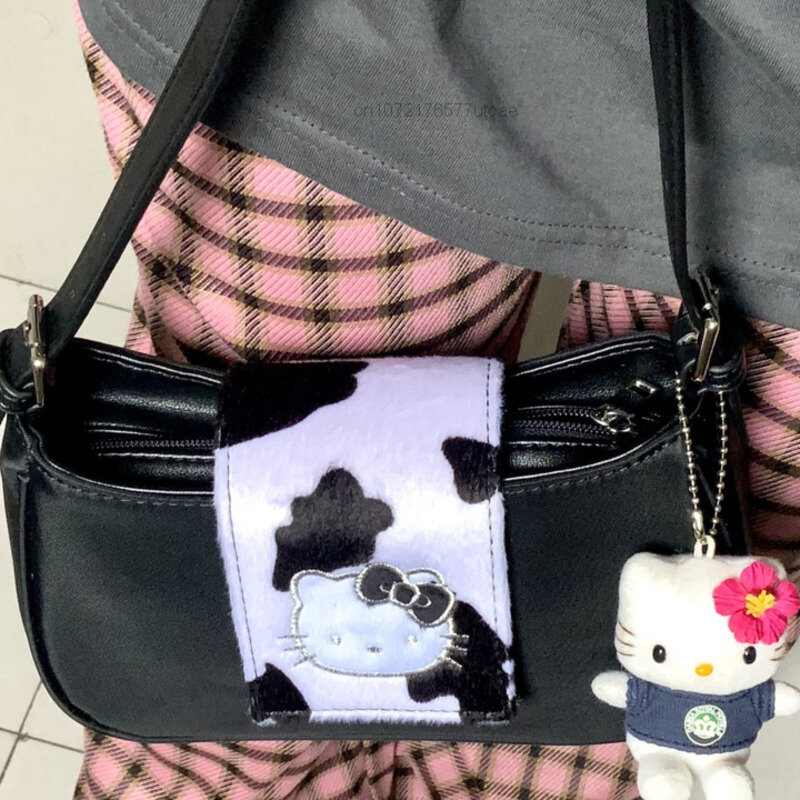 Bolsa Baguette Sanrio Hello Kitty para mulheres, padrão de vaca, axila vintage, doce, na moda, bolsas de ombro únicas, bolsas Harajuku