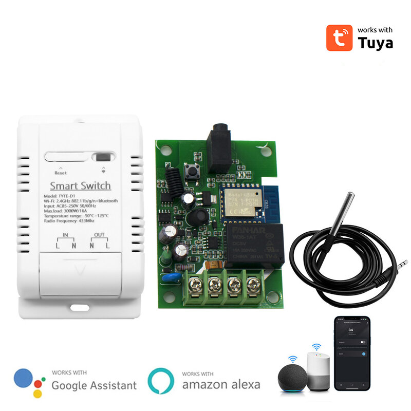 Interruptor Inteligente de Temperatura e Umidade Tuya WiFi, Termostato de Monitoramento Inteligente Compatível com Alexa, Sensor Home do Google, 16A, 3000W