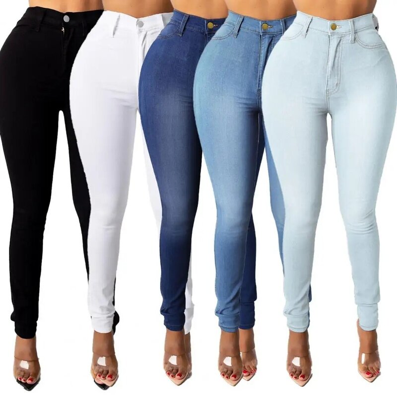 Skinny Jeans High Waist Women's Skinny Fit Washed Jeans with Zipper Fly Pockets Solid Color Denim Pencil Trousers for Streetwear