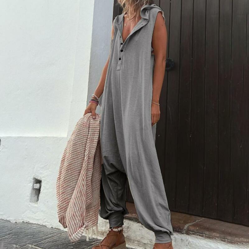 Women Jumpsuit Sleeveless Button Closure Hooded Playsuit Solid Color Loose Summer Jumpsuit Cotton Blend Lady Hooded Jumpsuit