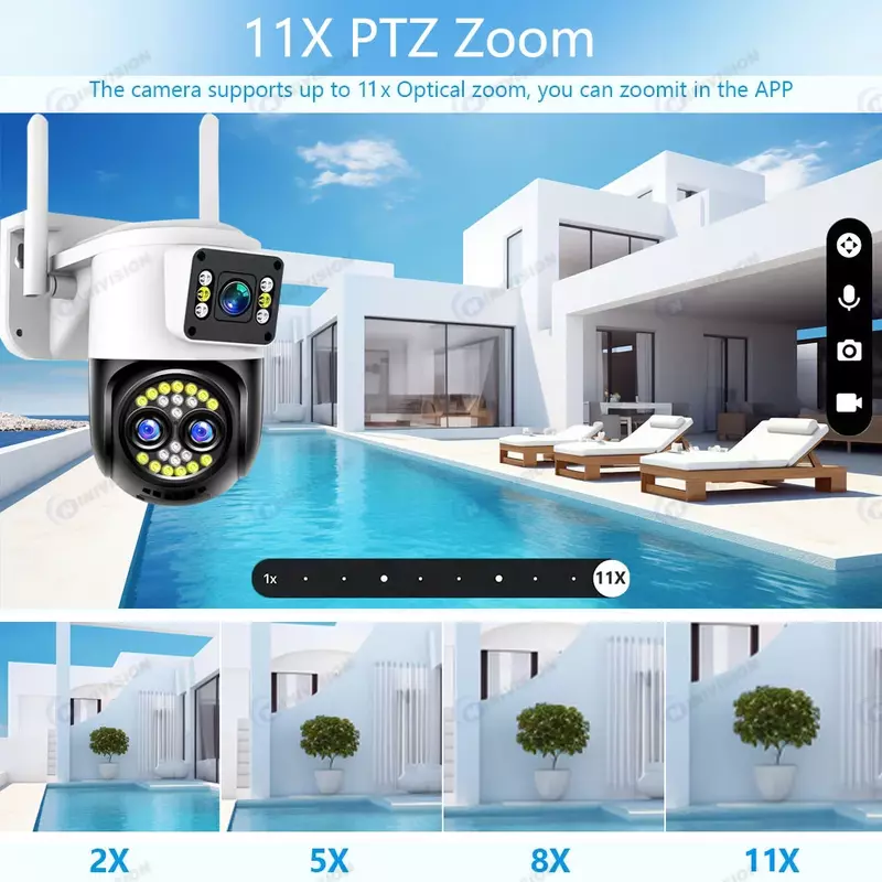12MP 6K WiFi PTZ Camera 10X Zoom Three Lens Dual Screens Security IP Camera Waterproof Human Detection Color Night Vision ccam