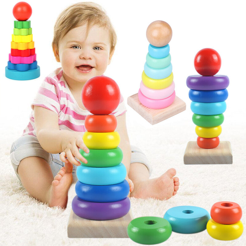 Juguetes de apilamiento de torre de arcoíris para bebé, anillo de rompecabezas de apilamiento colorido de madera Montessori, ayudas educativas tempranas, juguetes para bebés, regalos