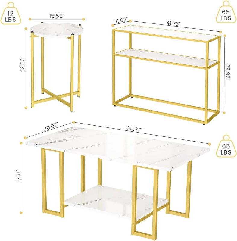 Set meja kopi 3, meja kopi marmer imitasi dan Set meja ujung bulat dengan rak penyimpanan & bingkai logam
