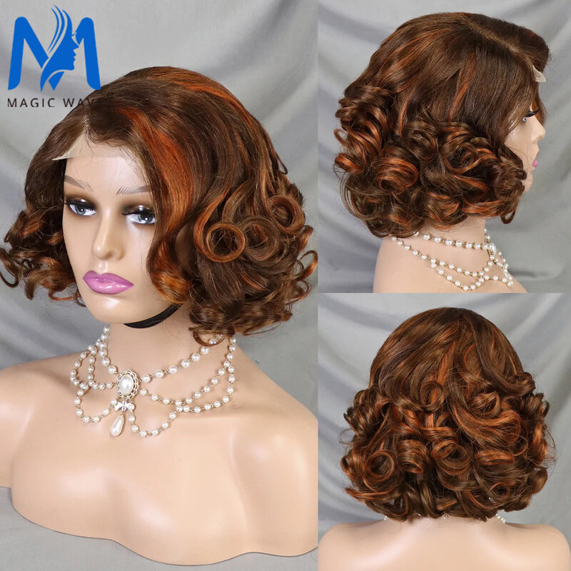 Pelucas de cabello humano ondulado para mujeres negras, pelo corto con cierre de encaje, corte Bob, 4/350 colores, prearrancado, 4x4