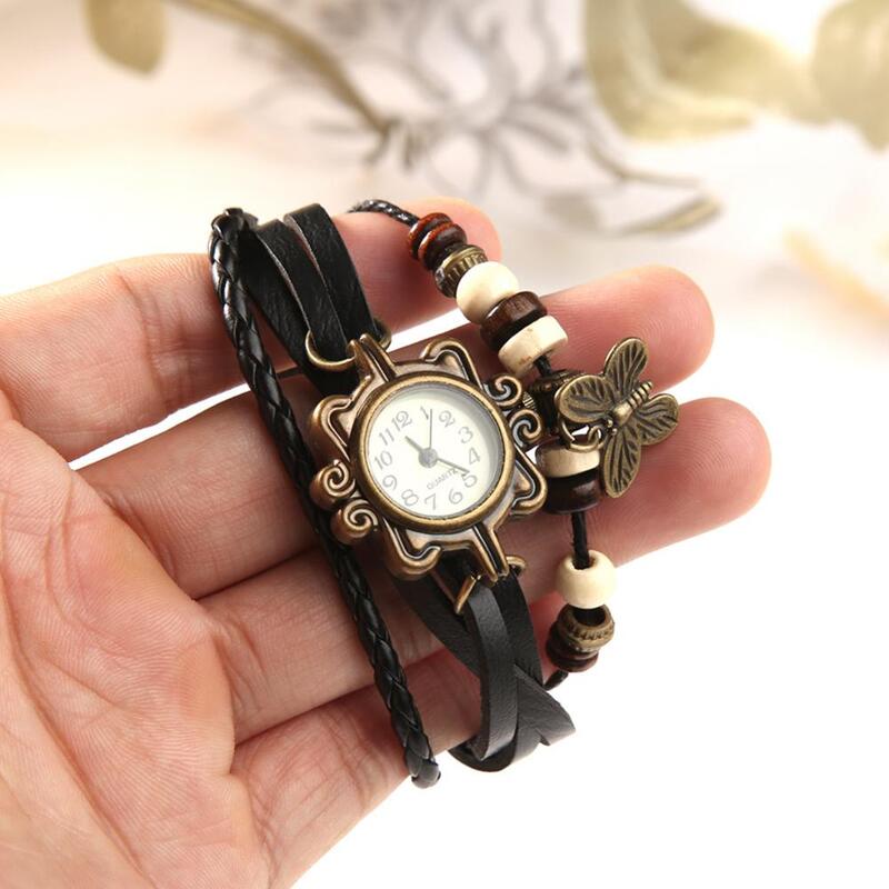 Quartz Wristwatch Womens Retro Faux Leather Bracelet Butterfly Beads Pendant Quartz Wrist Watch