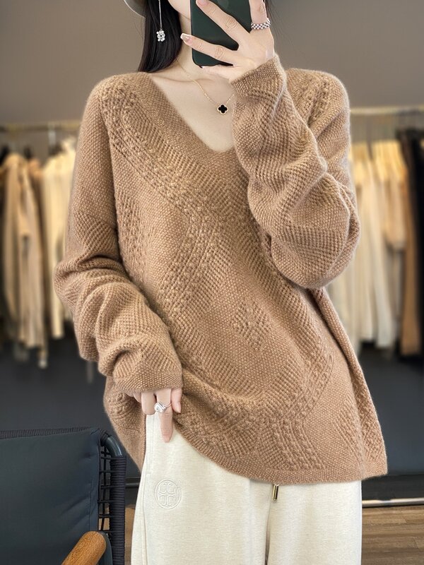 Женский пуловер с V-образным вырезом, осенне-зимний Повседневный плотный вязаный свитер из 100% мериносовой шерсти, изящная женская одежда с цветочным принтом